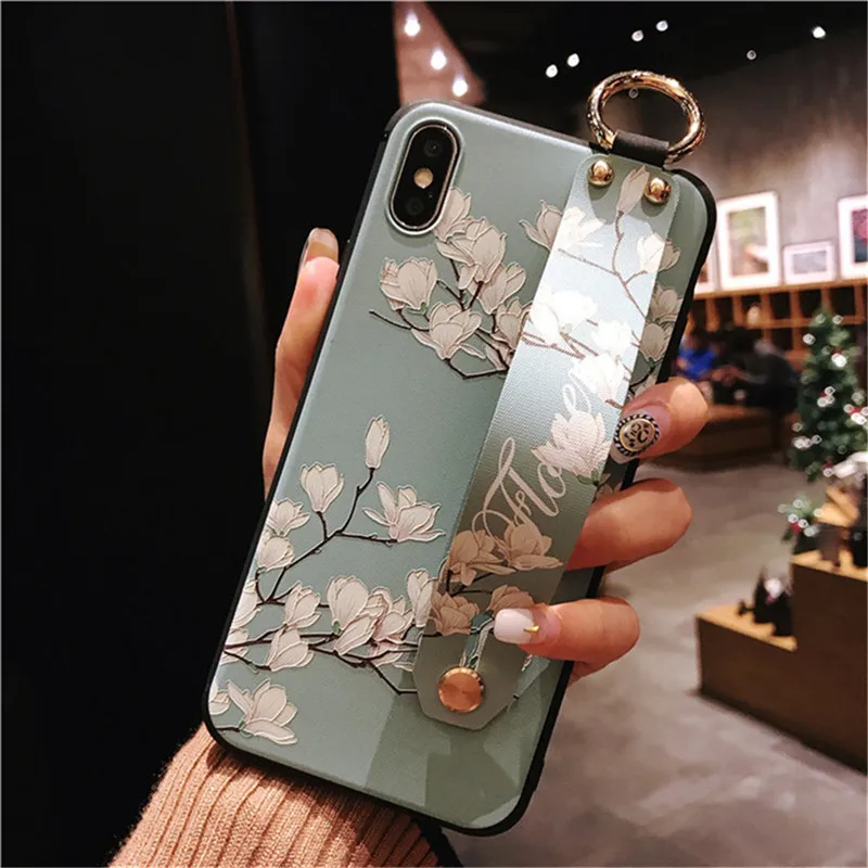 

Samtsui Embossed Matte TPU Case For iPhone 6 6S 7 8 Vintage Flower TPU Cover For iPhone X XS XR XMAX With Wristband For Female