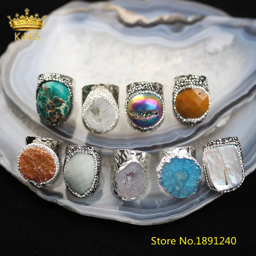 5 шт случайных камней кольцо Druzy ювелирные изделия, Натуральный Druzy Drusy бусины проложенные Стразы Серебряный круг медь многокаменные кольца YT118