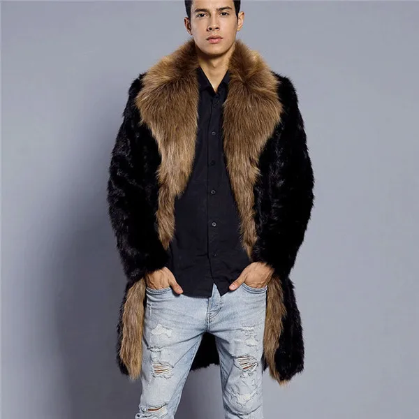 Men Winter Long Coat Thick Warm Faux Fur Outerwear Turn Down Collar ...