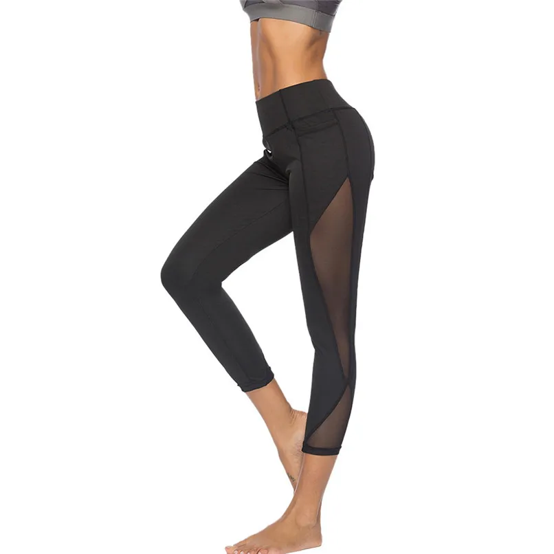Women Yoga Pants Sexy Mesh Stitching Workout Leggings Fitness High Waist Gym Sport Pants Running Leggings Women #F30ST22