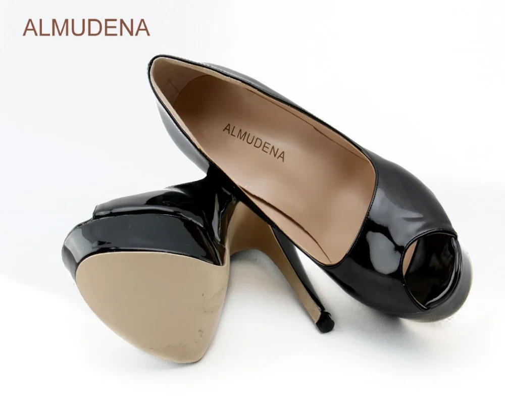 ALMUDENA/модные туфли-лодочки с открытым носком на высоком каблуке; пикантные женские свадебные туфли с открытым носком; высококачественные туфли на платформе из лакированной кожи телесного и черного цвета