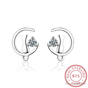 

2019 New Women's Fashion 100% 925 Sterling Silver Fashion Small Cute Cat on The Moon Stud Earrings Girls Kids Gift DT74