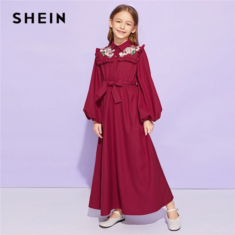 SHEIN/милое Бордовое платье с оборкой и поясом для девочек; детская одежда; коллекция года; весеннее повседневное длинное платье трапециевидной формы с длинными рукавами и пуговицами