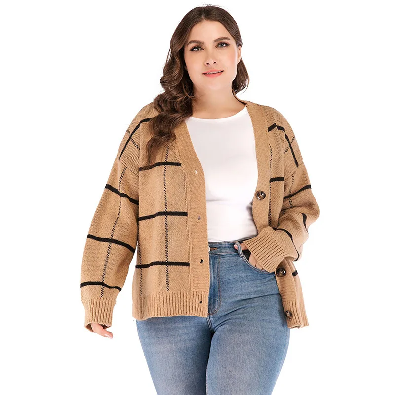 2019 большой размер женский свитер плед вязаный кардиган куртка Плюс Размер Топы ленивый оаф трикотаж оверсайз зимний свитер большого