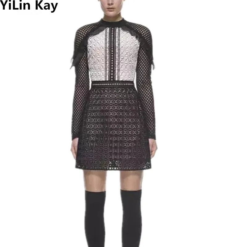 

YiLin Kay New 2019 summer fashion Runway Dress long sleeve women white/black Patchwork Lace dresses Vestidos