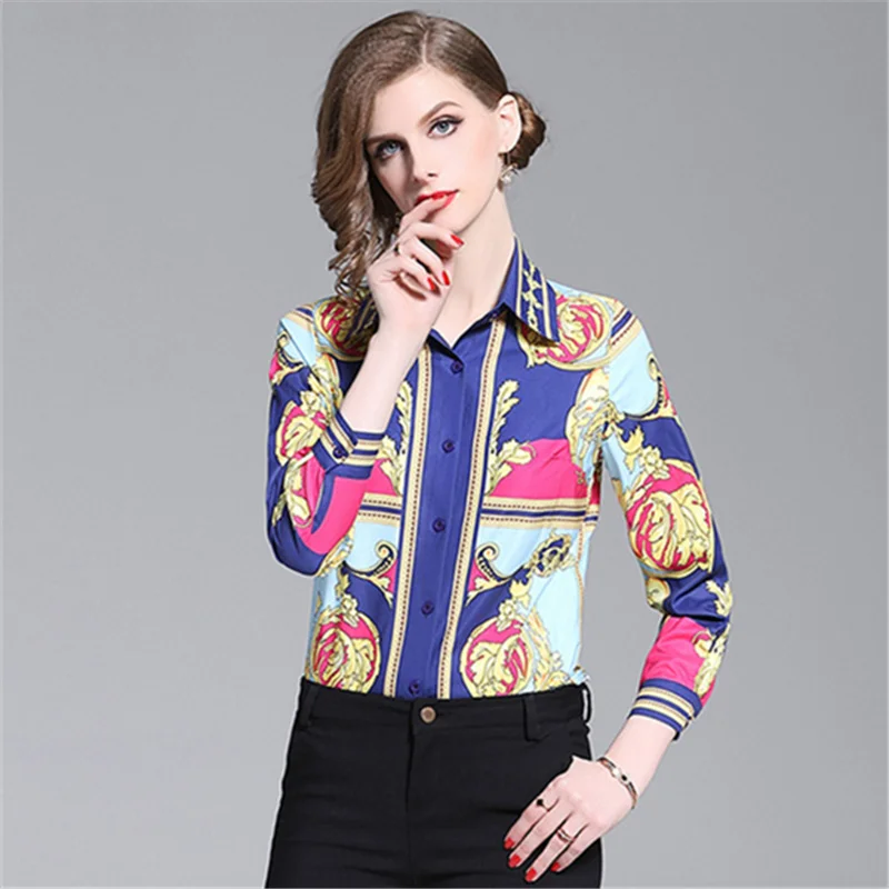 

Women Retro Blouse 2019 Summer Long Sleeve Print Elegant Tops Ladies Office Runway Blouses Shirts camisas mujer blusa feminina