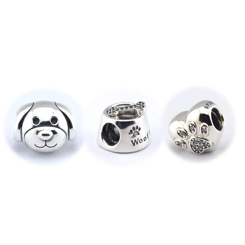 

Fits European Bracelets 3Pcs 100% Sterling-Silver Jewelry Loyal Dog With Dog Bowl & Paw Prints DIY Jewelry For Women SZH88