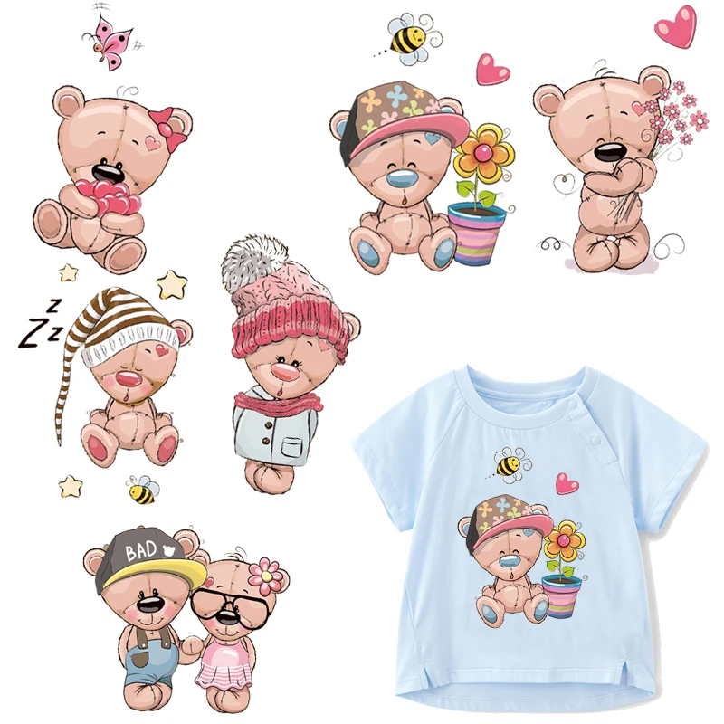 

Iron on Bear Patches for Clothes DIY T-shirt Applique Washable Heat Transfer Vinyl Cartoon Animal Patch Stickers Thermal Press