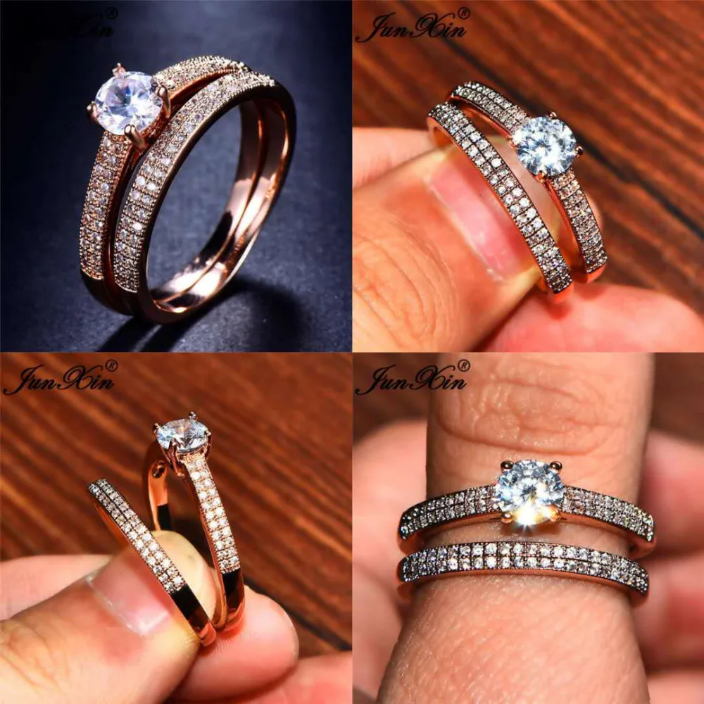 JUNXIN Valentine Jewelry Female Round Ring Sets For Women 925 Silver Rose Gold Filled White Zircon Crystal Promise Wedding Ring
