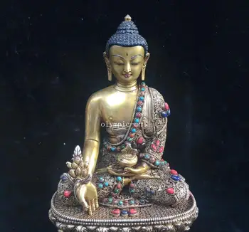 

8''Nepal silver Gold inlay gemstone red coral Turquoise Medicine Buddha statue