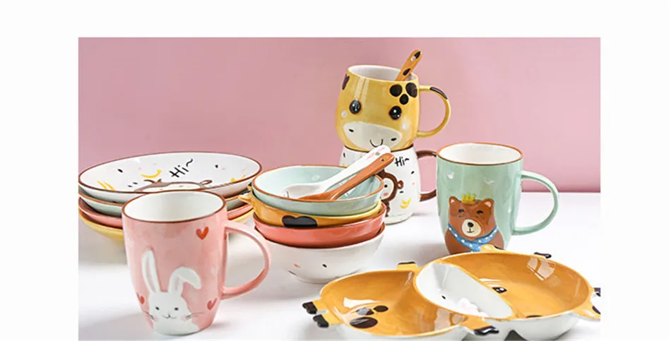 Cute Ceramica Plates Glazed Creative Hand Painted Bowl Spoon Set Breakfast Steak Children's Fruit Plate Animal Dish Cutlery