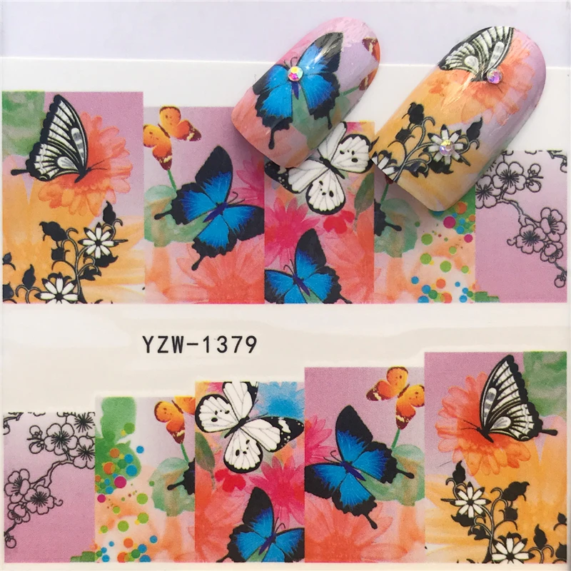 1 шт Лето Бабочка и синий цветок летние изображения наклейки для ногтей искусство Красочные Полный обертывания наклейка на ногти водная кончики