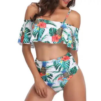 

Flounce Print Sexy High Waist Bikini 2019 Beach Swimsuit Female Halter Biquini Leaf Printed Bathing Suit Women May Bather