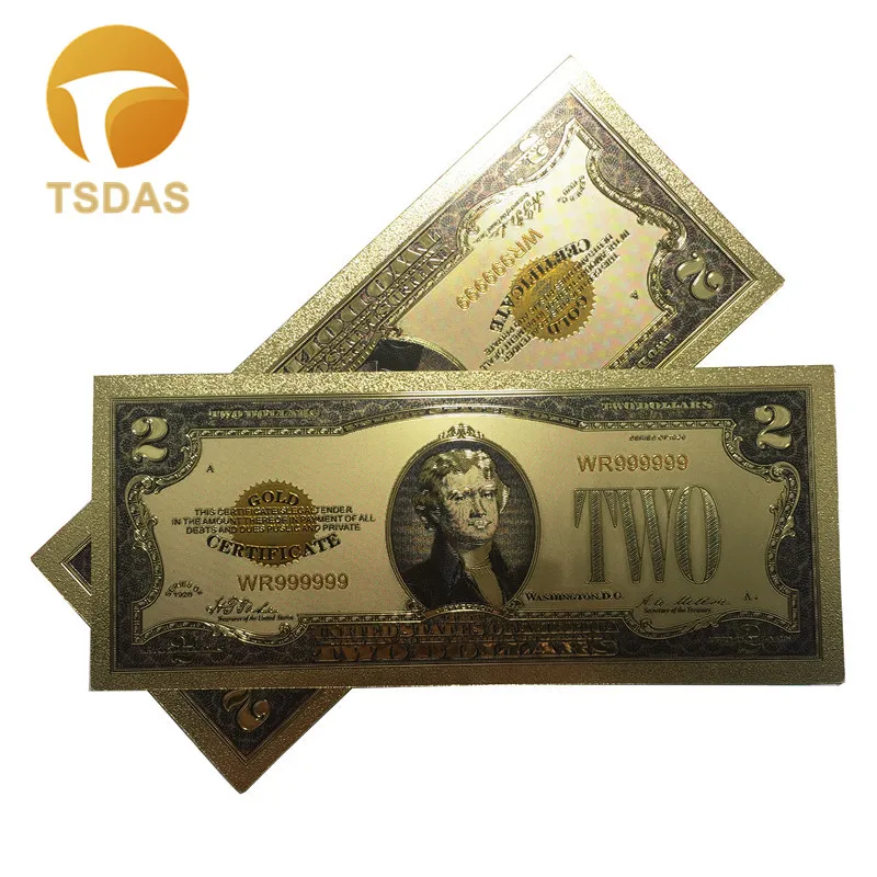 Colorful 24k Gold Foil Banknote 1928 American 2 Dollar Bill Note Collectible Fake Money 10pcs lot