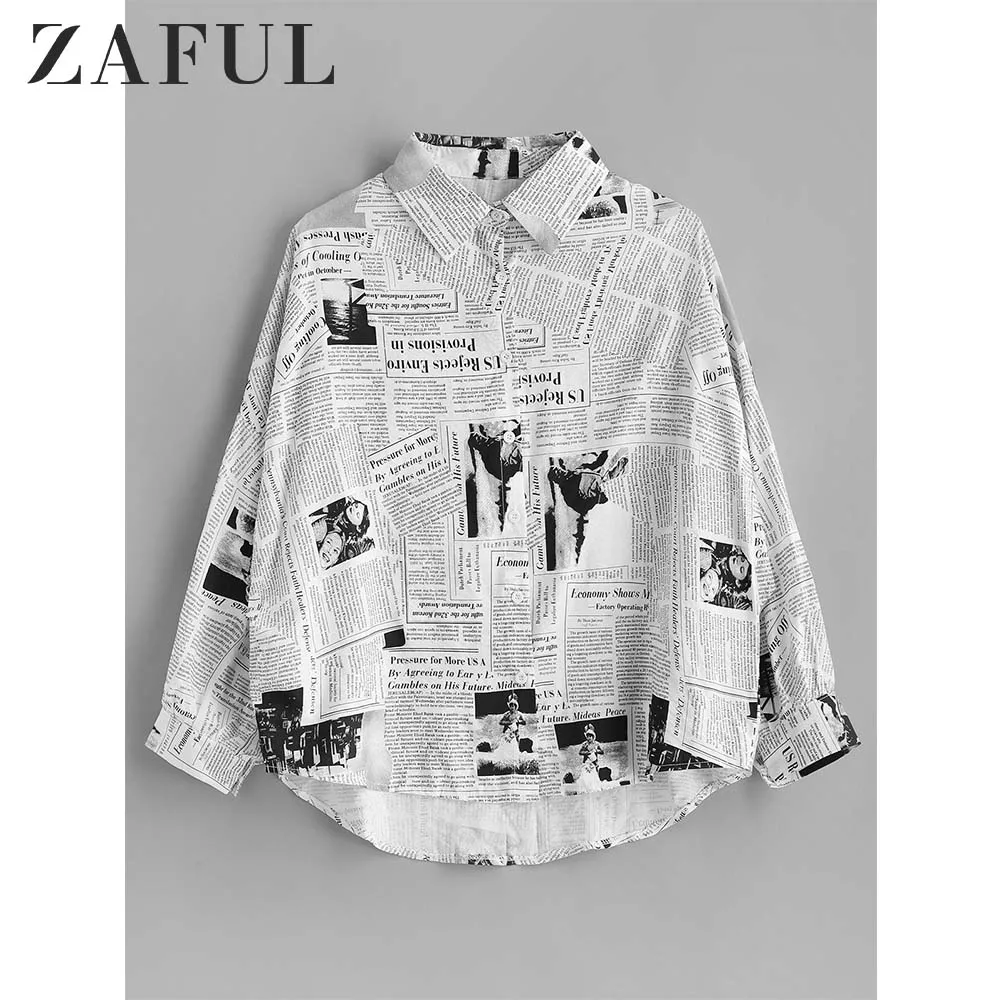 ZAFUL Асимметричная рубашка с газетным принтом Длинные повседневные рубашки