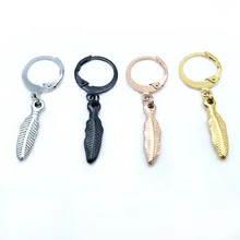 Korean Fashion Jewelry Hip Hop Kpop Leaf Earrings Stainless Steel Feather Pendant Hoop Earrings for Women and Men
