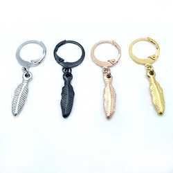 Korean Fashion Jewelry Hip Hop Kpop Leaf Earrings Stainless Steel Feather Pendant Hoop Earrings for Women and Men