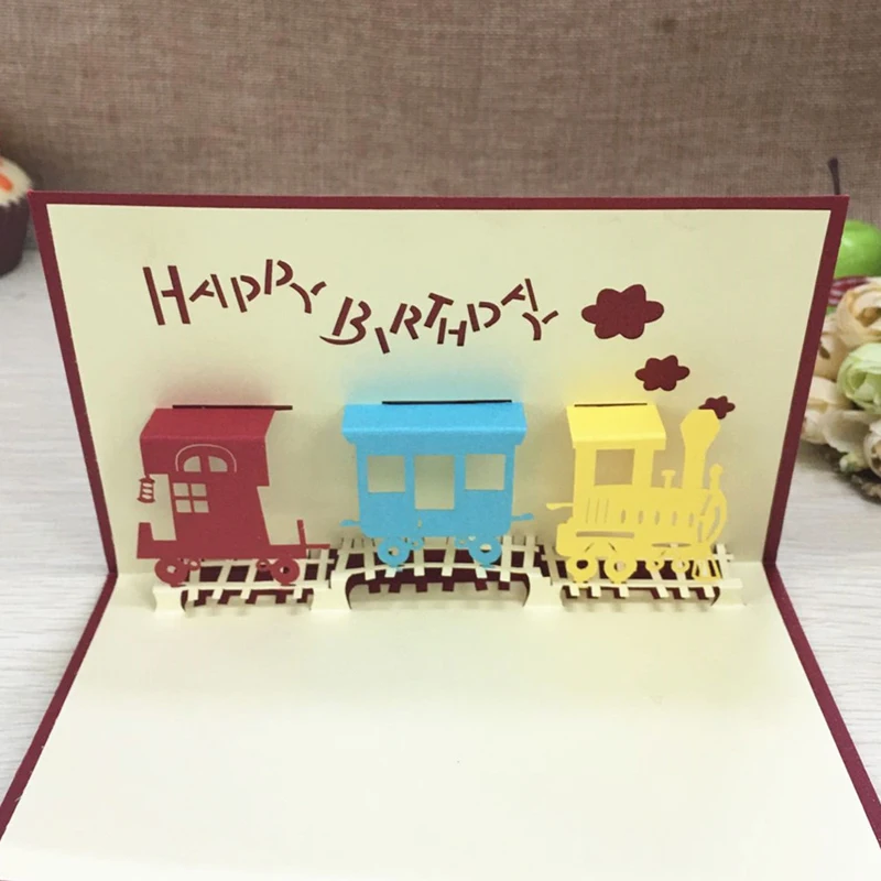 1pcs Happy Train Laser Cut Paper Greeting 3D Pop Up Kirigami Card Wedding Invitation Birthday Valentine's Day Postcards Gifts (3)