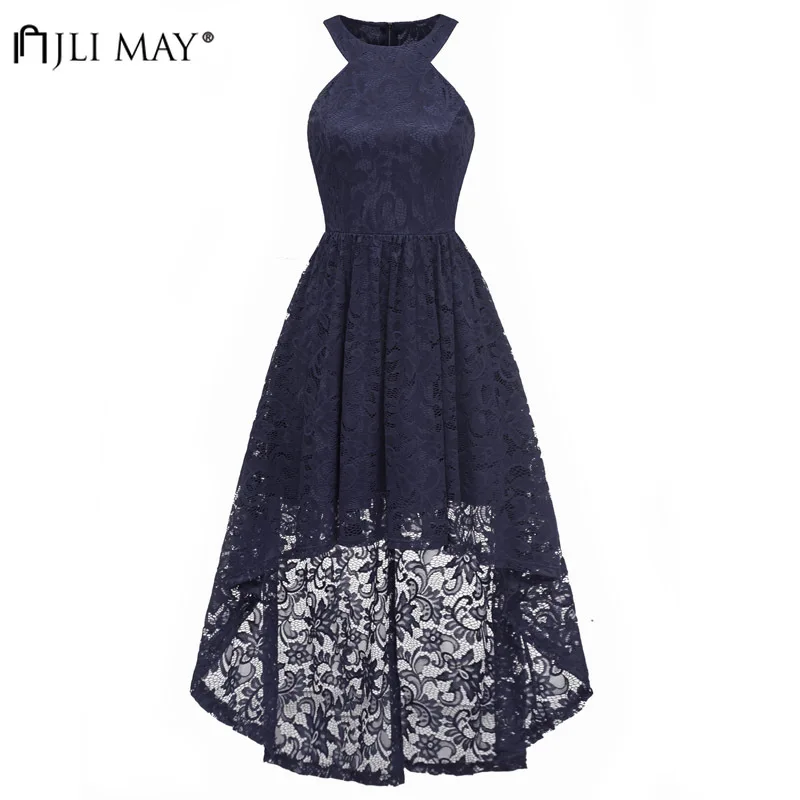 

JLI MAY Floral Lace Dress Backless Wedding Party Sexy Elegant Evening Women Clothes Sleeveless Halter Asymmetrical Off Shoulder