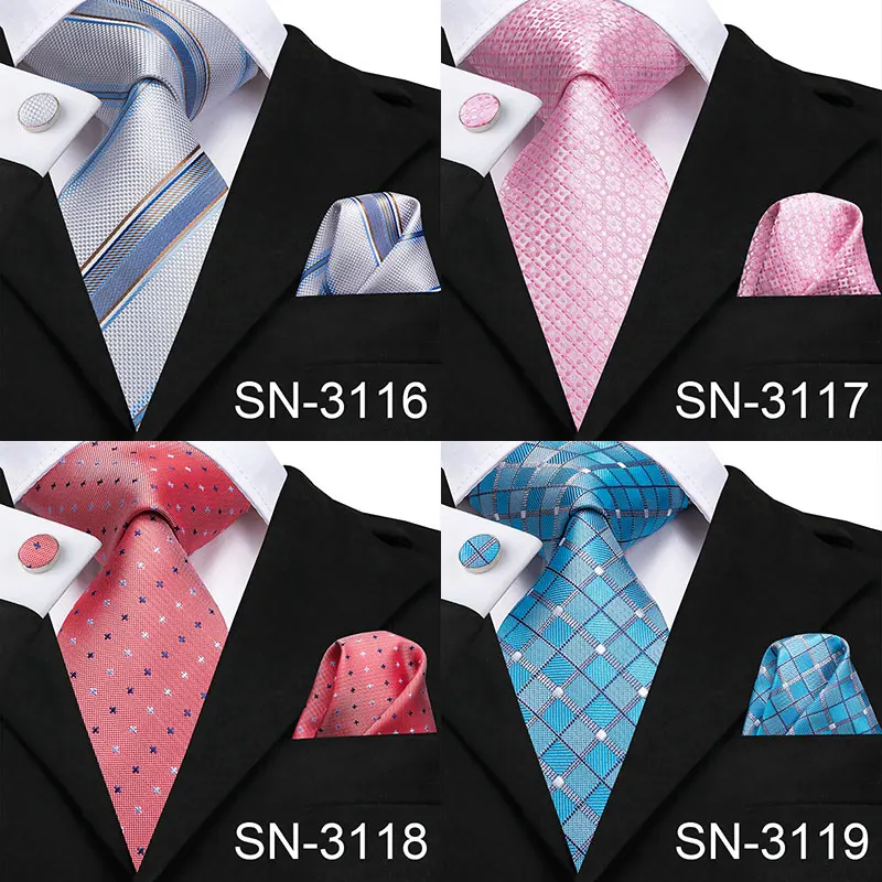 Plaid Tie Hanky Cufflinks Sets Men's 100% Silk Ties For Men Formal Wedding Party Groom