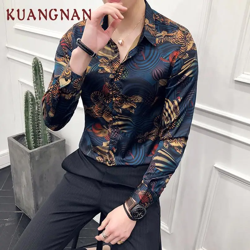 Blue KUANGNAN Японии Стиль Тигр Футболка с принтом Для мужчин Уличная мужские рубашки с длинным рукавом Для мужчин s повседневные тонкие рубашки Fit Костюмы XXXL - Цвет: Blue