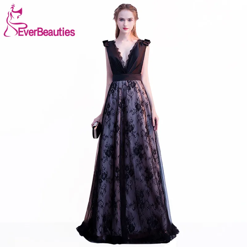 

Black Evening Dress Long Tulle with Lace Deep V-Neck Abendkleider 2019 Evening Gown Robe De Soiree