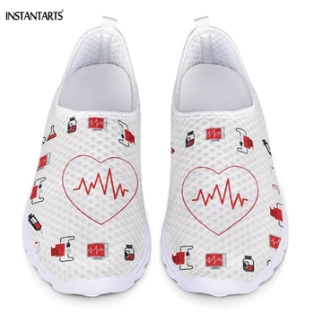 

INSTANTARTS Women Sports Shoes Nurse Heart Print Female White Running Shoes Breathable Comfortable Mesh Slip On Sneakers Adults