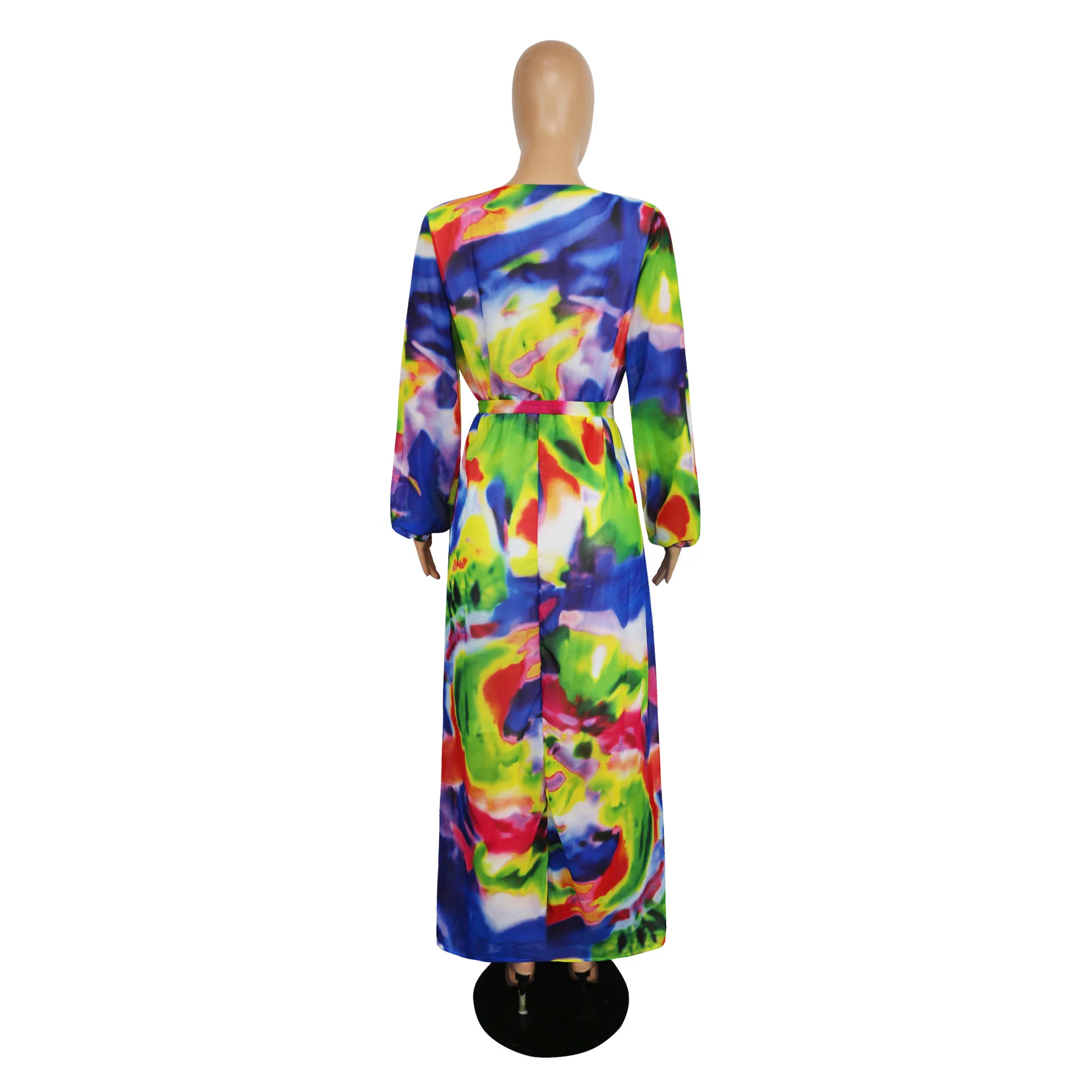 HAOOHU, женское Шифоновое Платье макси с принтом, с поясом, богемное, Пляжное, сексуальное, v-образный вырез, длинный рукав, платье, большой размер, Женская S-3XL-5XL