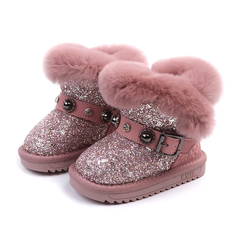 

Kids Girls Shoes Princess Rhinestone Snow Boots Warm Rabbit Hair Plush Shoes Sequins Winter Boots for Girls Thick Cotton Age 1-6