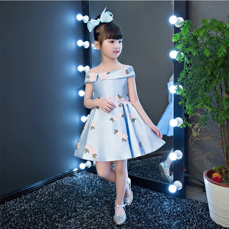

2018 New Korean Sweet Pink Blue Color Girls Princess Party Dress Children Kids Wedding Birthday Flowers Dress Pageant Clothes