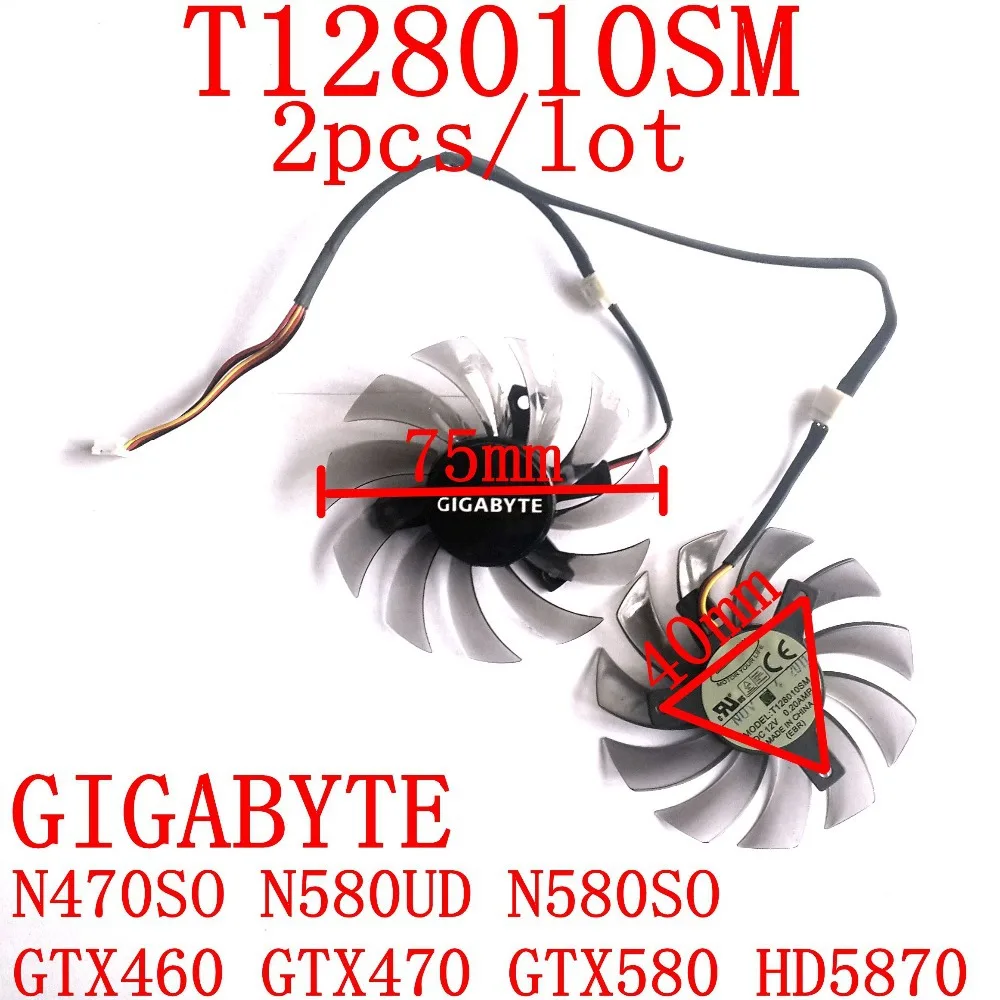 

Free Shipping 2pcs/lot T128010SM 75mm 12v 0.2A for Gigabyte N470SO N580UD N580SO GTX460 GTX470 GTX580 HD5870 cooling fan