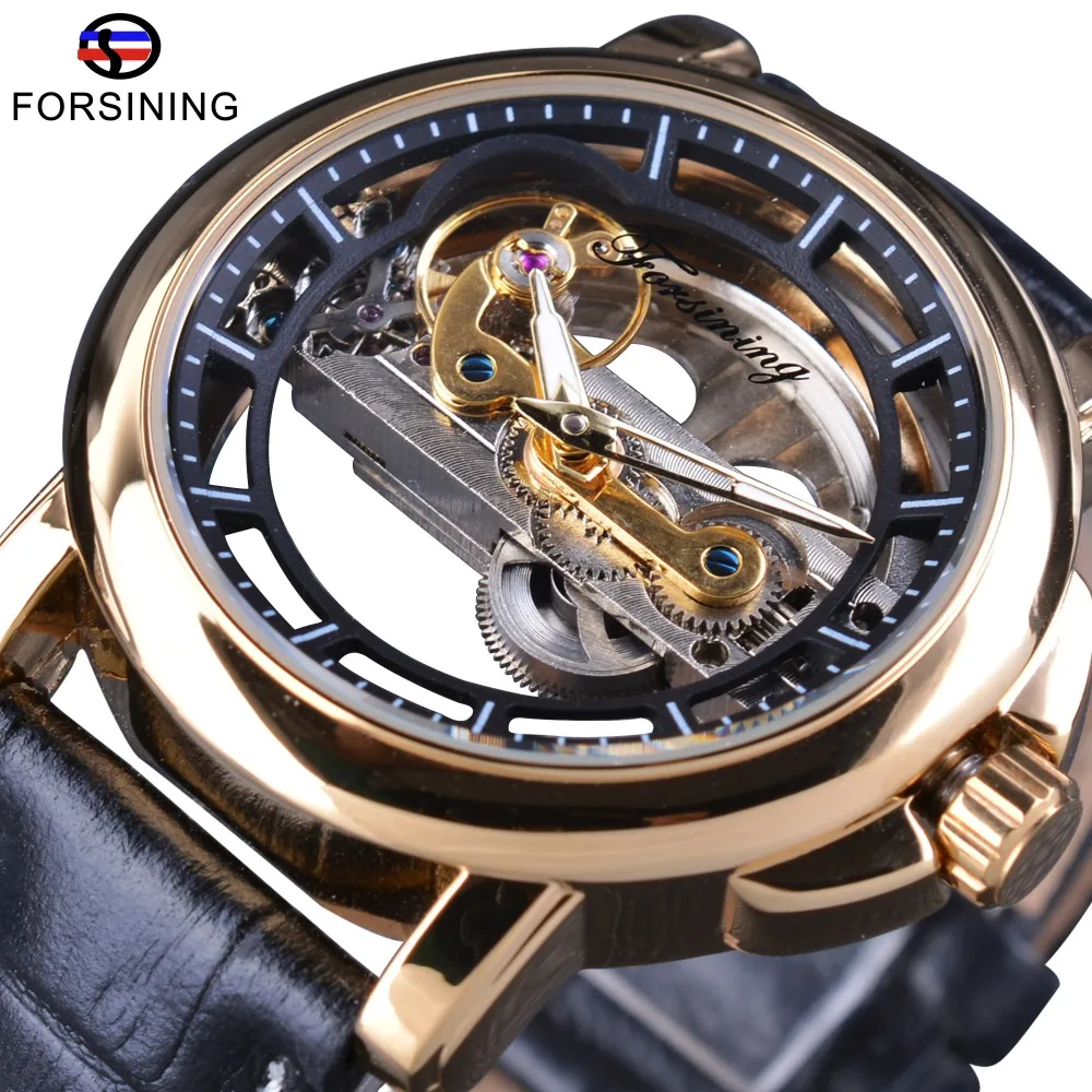 Forsining Luminous Transparent Hollow Vintage Genuine Leather Fashion Open Work Skeleton Men Automatic Watches Top Brand Luxury work play repeat timex 42mm men s watches for business