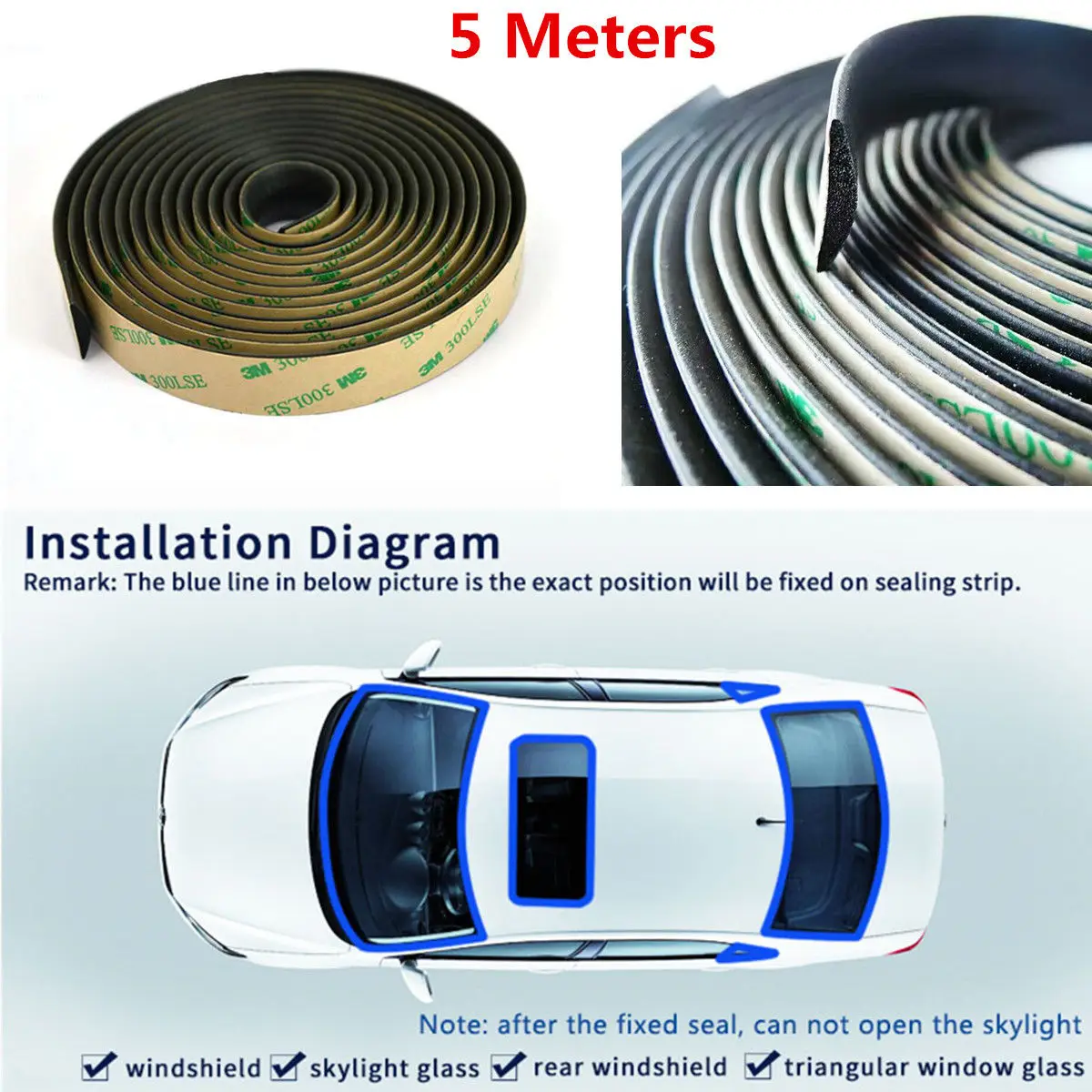 3 Meters Black Car Front Rear Windshield Sealing Strip Sunroof Noiseproof Rubber