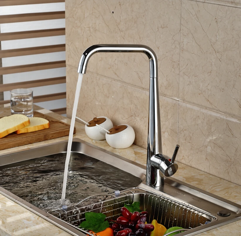 Modern Deck Mount Brass Kitchen Mixer Faucet Single Handle with Hot Cold Water Chrome Finished