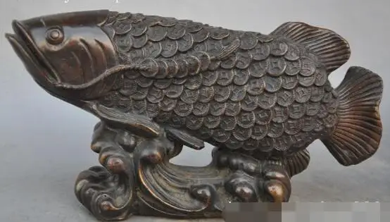 

S5096 9"chinese bronze fengshui Lucky Fish barracuda goldfish wealth money coin statue discount 30% (C0324)