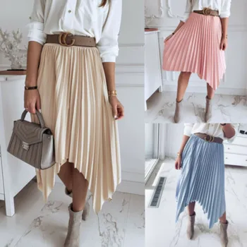 

2019 New Fashion Pleated Skirt Womens Solid Color Irregular Simple High Waist Mid Skirt Summer Loose Office Lady Casual Skirt