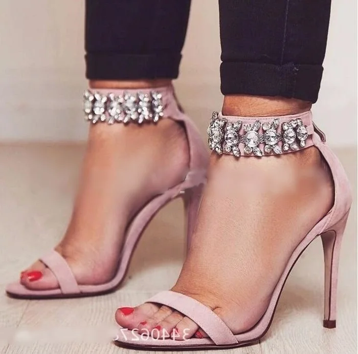 

Hot Selling Pink Black Gladiator Sandal Women Peep Toe Crystal Ankle Strap Wedding Shoes Bride Cut-out Thin Heel Women Sandals
