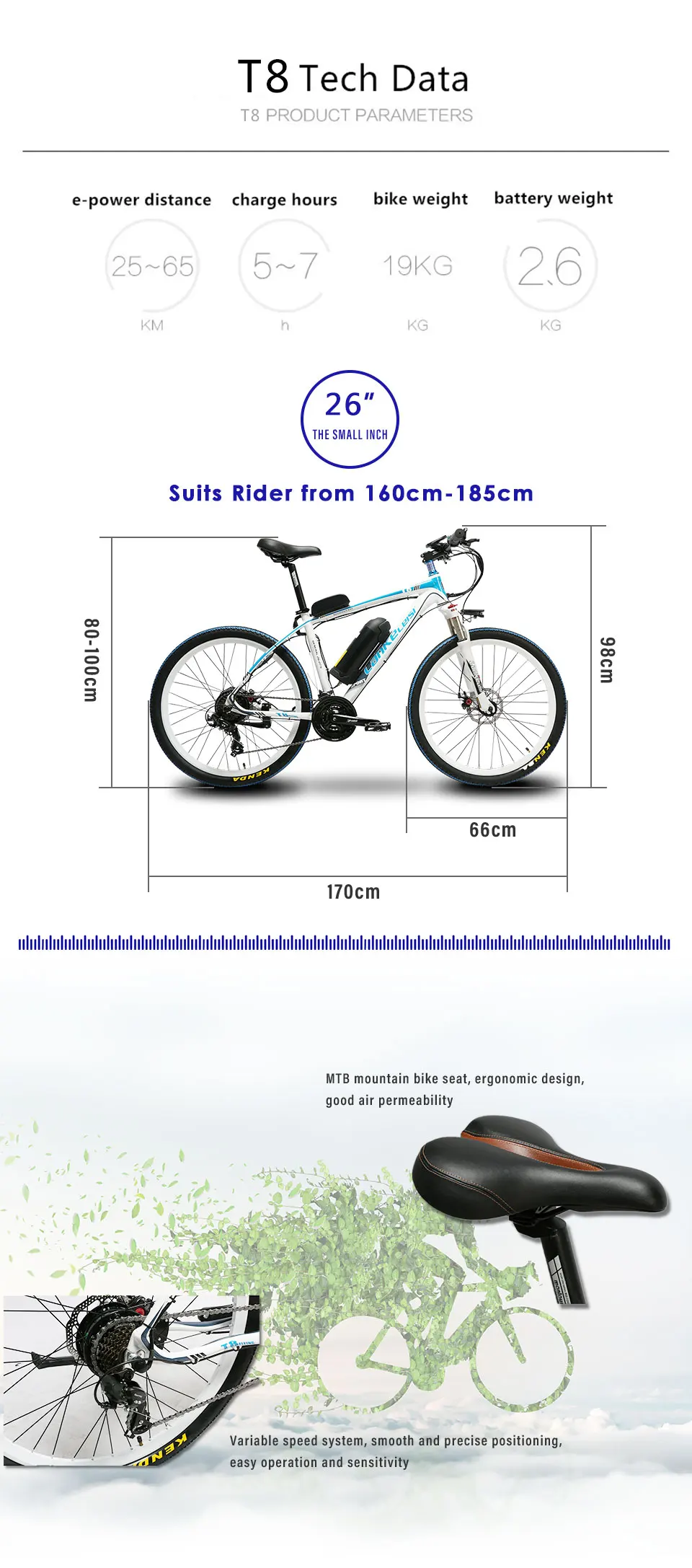 Top CyrusherT8 Mans Fast 21 Speeds Moutain Electric Bicycle 250Watt 48V 10AH Disc Brakes 19KG Mountain Ebike  17X26Inch 3