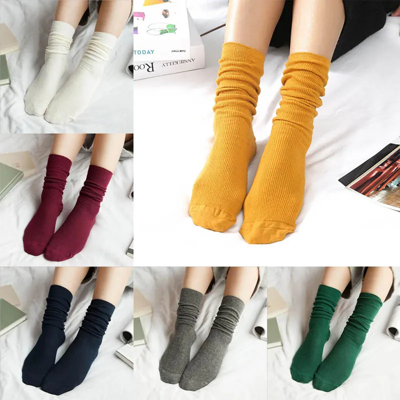 

Winter Girls Middle Loose Socks Women Knitting Cotton Long Black Orange Gray White Loose Solid Colors Dual Needles Preppy Style