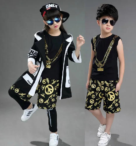 

2017 Kids Hip Hop Costume Clothes For Boys Girls Children Tank Top Shorts Pant Windbreaker Coat Jazz Dance Clothing Set