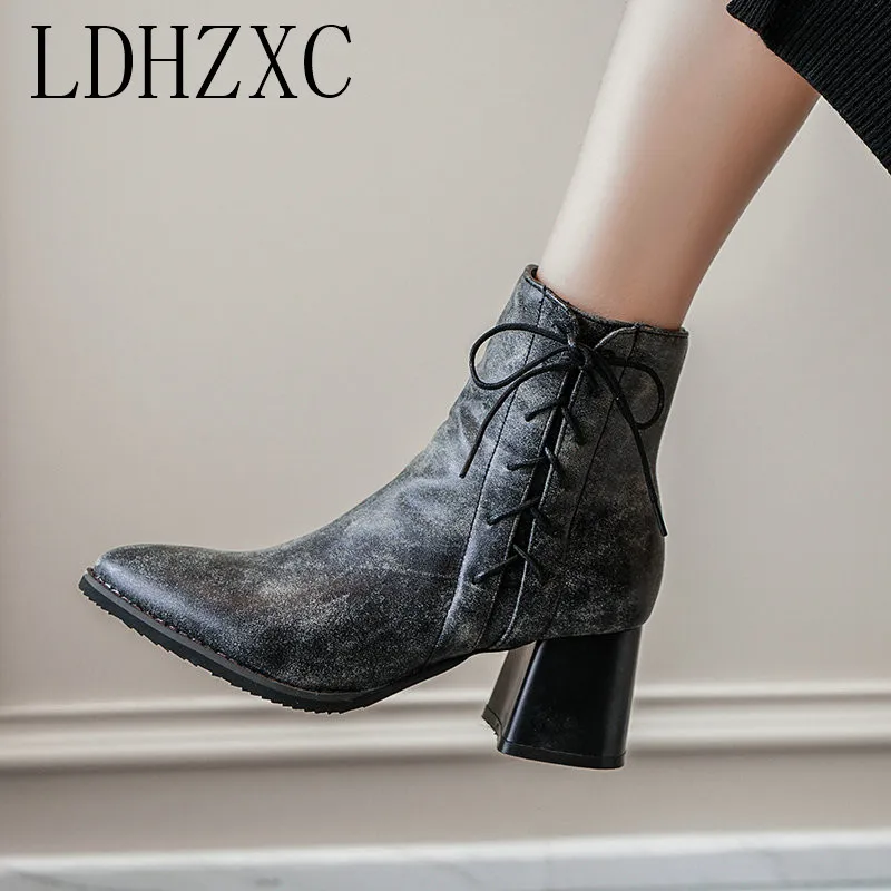 

LDHZXC New Ankle Boots Autumn Women Round Toe Pu Leather Boots Zipper Fashion Shoes Ladies High Heels Short Plush Footwear