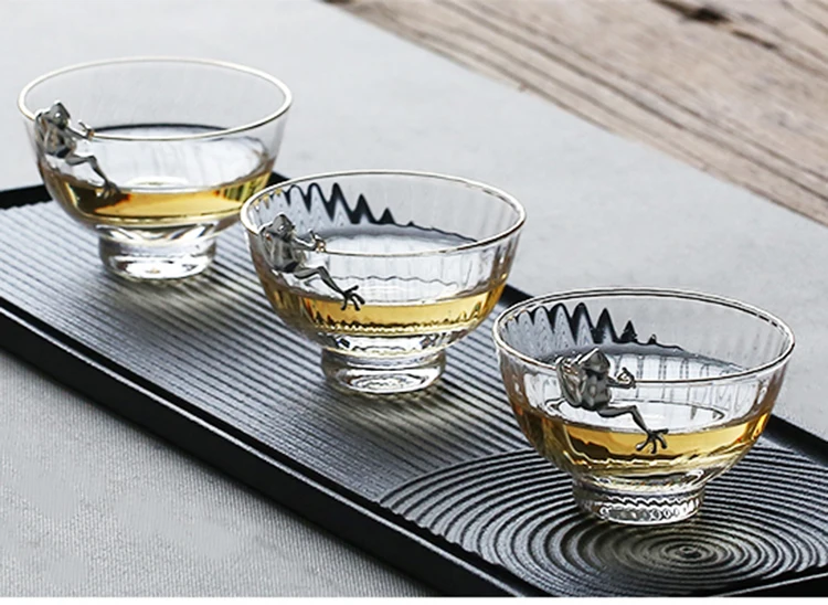 110 мл японский стиль бутик прозрачное стекло медь-никель серебро лягушка мастер чашка чайный набор кунг-фу чайная чаша круглый стакан