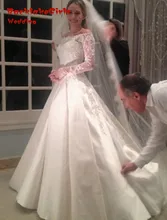 Beautiful Long Sleeve Bride 2017 Boat Neck Mermaid Satin See Through Back Lace Applique Gown Custom Made Wedding Dresses