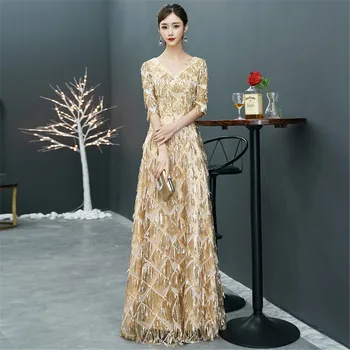 

Summer Sequins Tassel Dress Qipao Elegant Party Prom Gown Bridal Wedding Formal Cheongsam Sexy Exquisite Vestidos Oversize 3XL