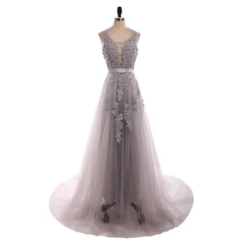 

Long Grey Real Photo Illusion Sheer Lace Prom Slit Formal Bridesmaid Gown