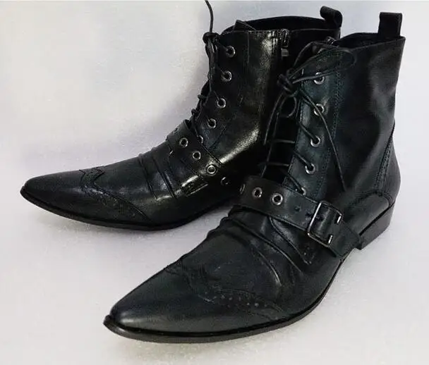 Для мужчин S черный кожаные сапоги модные дизайнерские шнуровкой Туфли с ремешком и пряжкой острый носок короткие мотоботы Для мужчин EU38-46 - Цвет: 2