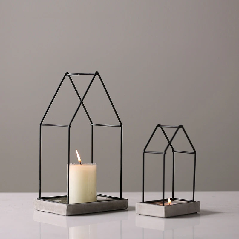 

Nordic Simple Ceramic Iron Candlesticks House Shape Cement Base Creative Candle Holders Home Ornaments Accessories