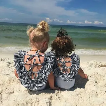 

Princess Summer Baby Girls Swimsuit Cute Ruffle Stripe Toddler Kids Children Swimwear Bathing Suit+Bow Headbands 2pcs Beachwear