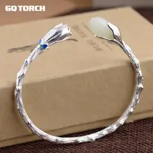GQTORCH Аутентичные 925 серебряные браслеты из манжеты женские натуральный белый нефрит инкрустированные цветок Выгравированные эмалированные винтажные браслеты