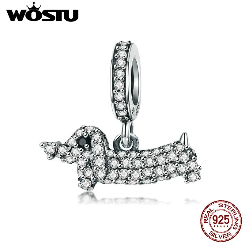 WOSTU 100% 925 пробы Серебряный собачий Поппи такса круглый CZ камень ослепительные
